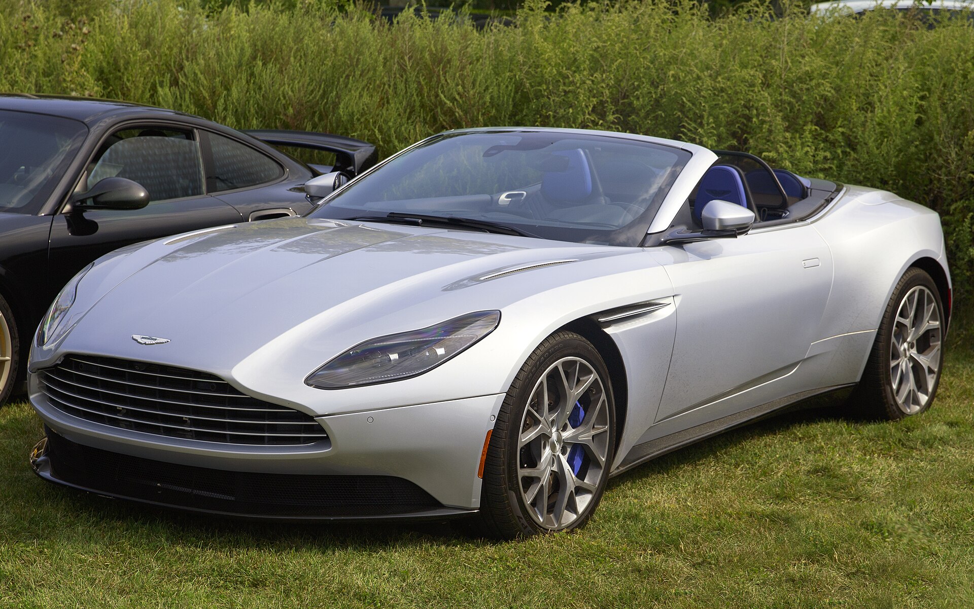 Silver Aston Martin DB11 Volante convertible, front left view