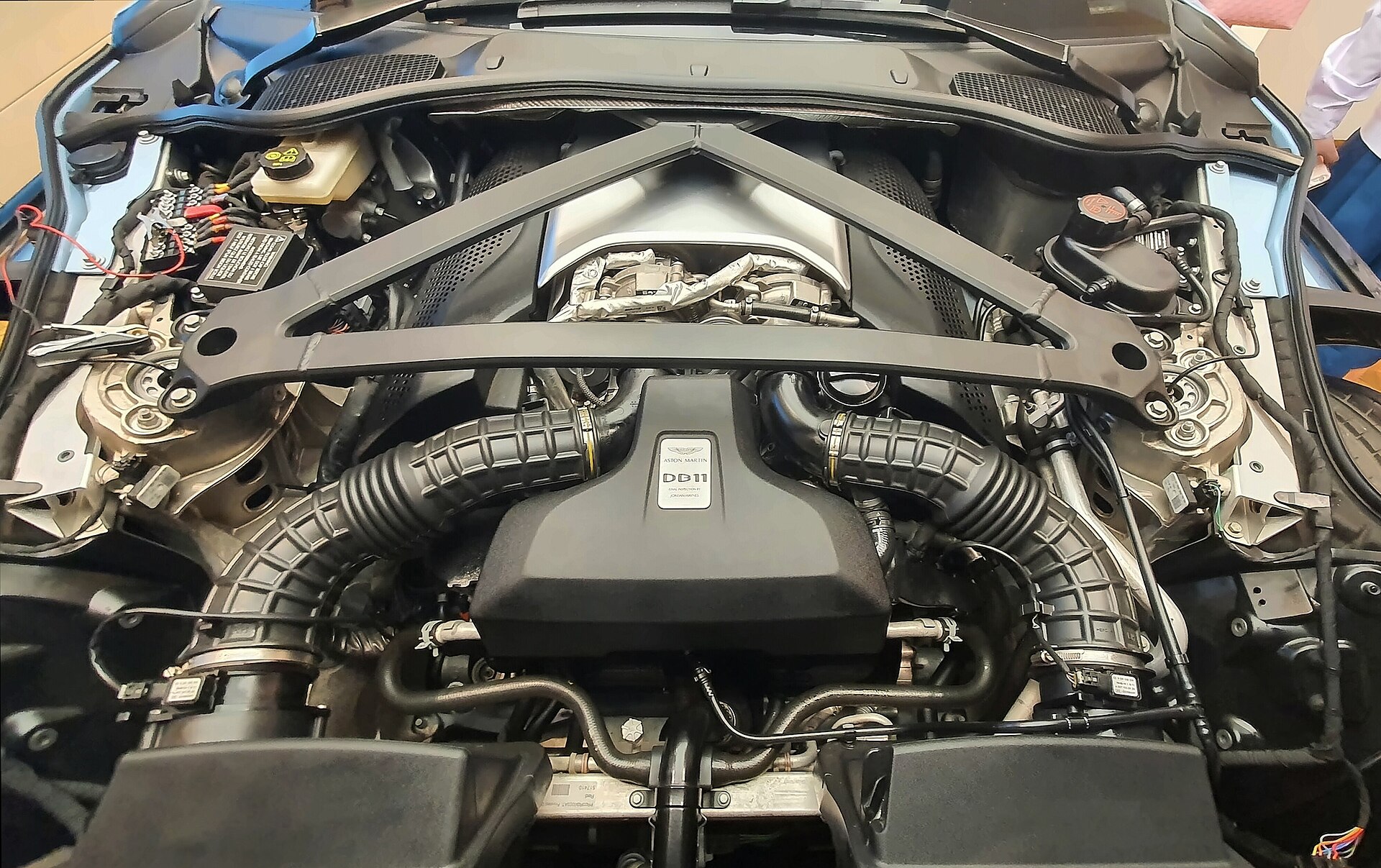 Engine bay of an Aston Martin DB11 V8