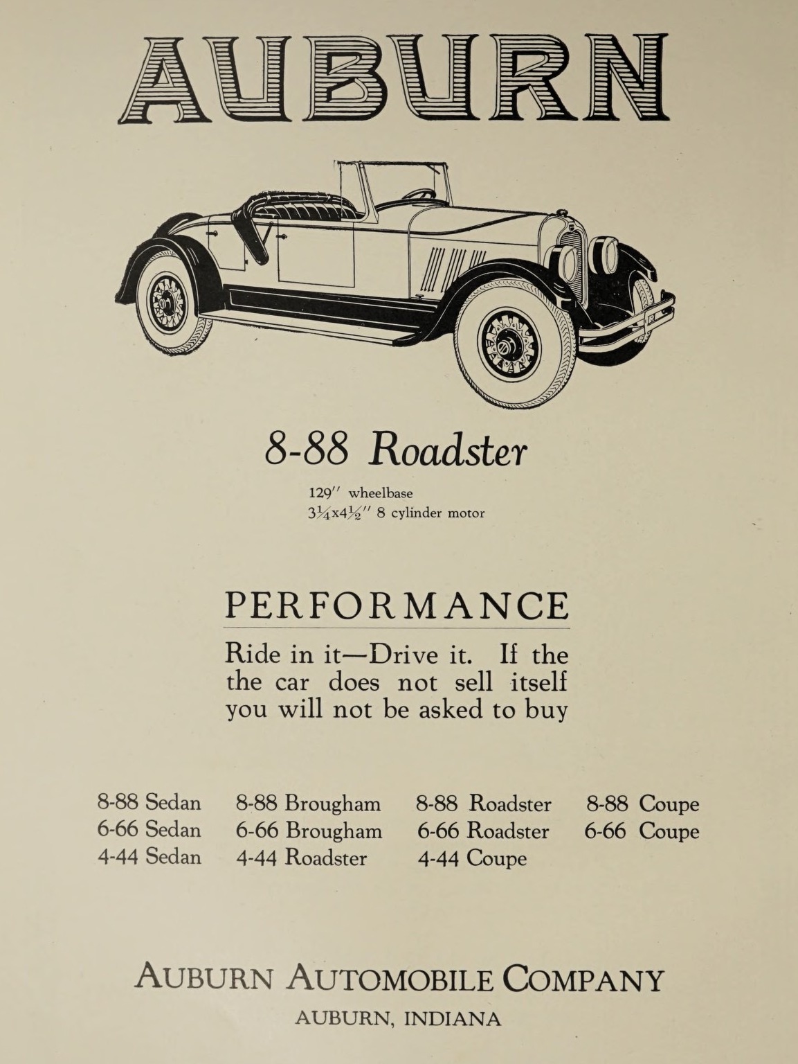 Period advertisement showing an Auburn 8-88 roadster