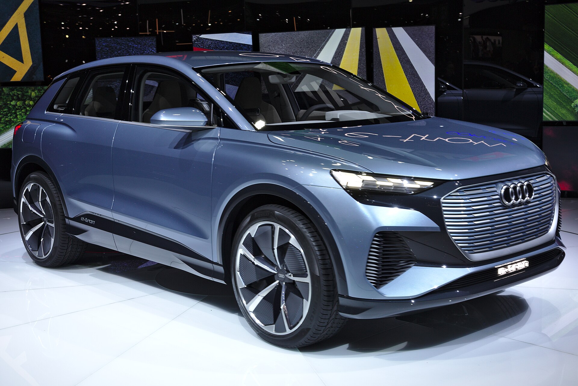 Audi Q4 e-tron concept car on a show stand