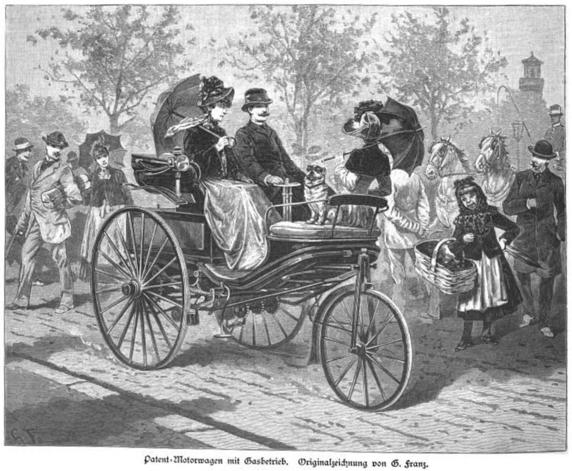 Engraving of Carl and Bertha Benz in a Patent-Motorwagen in Munich, 1888