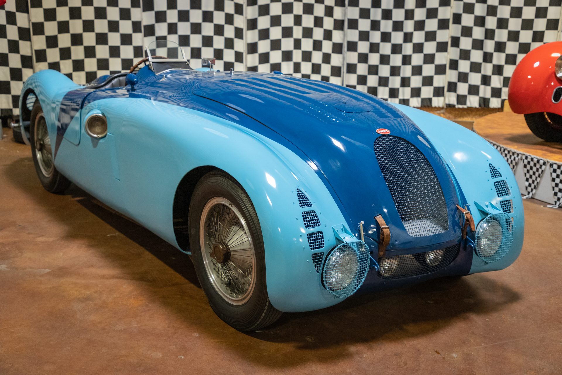 Blue streamlined Bugatti Type 57G Tank racing car