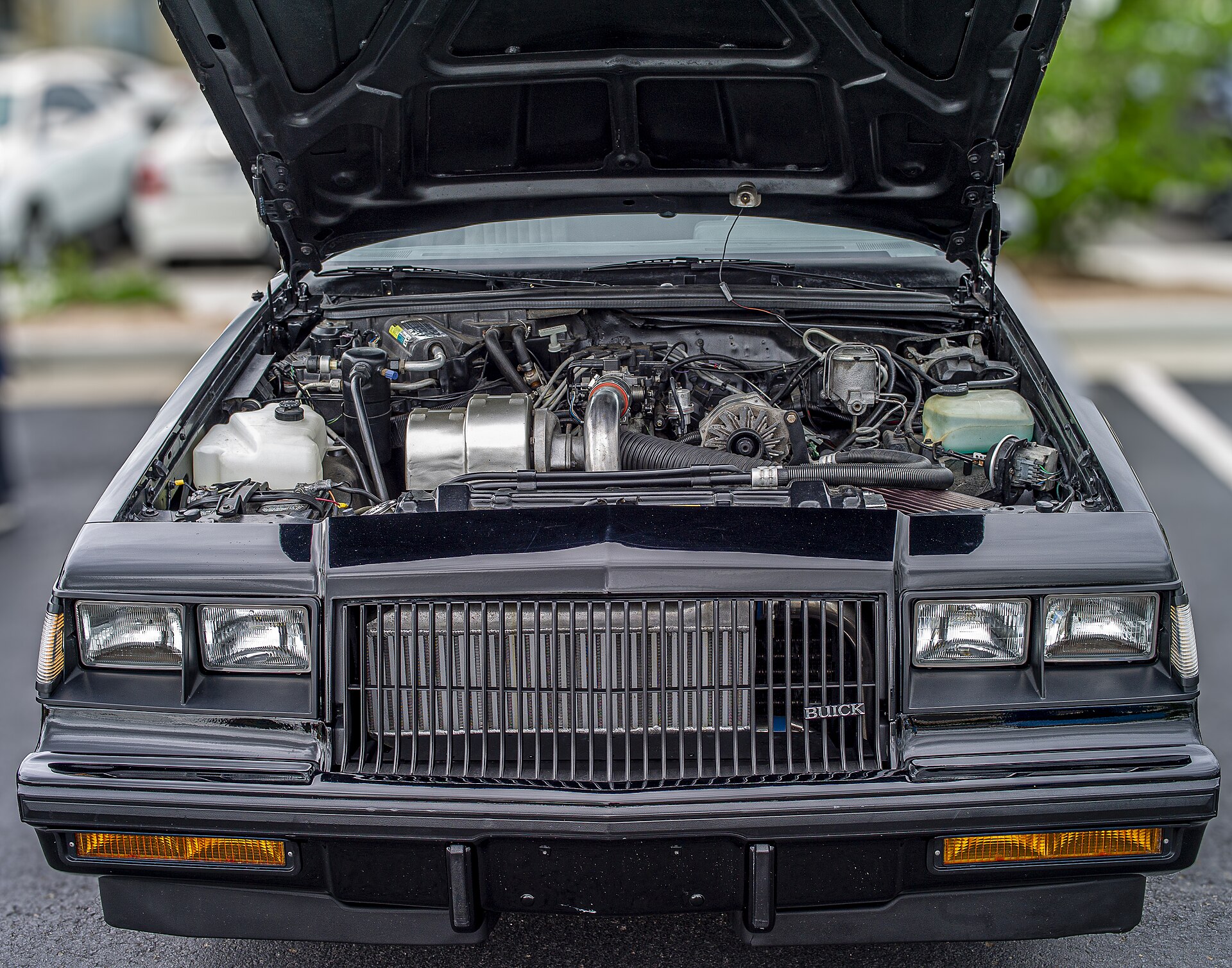 Engine bay of a Buick Grand National with the turbo V6