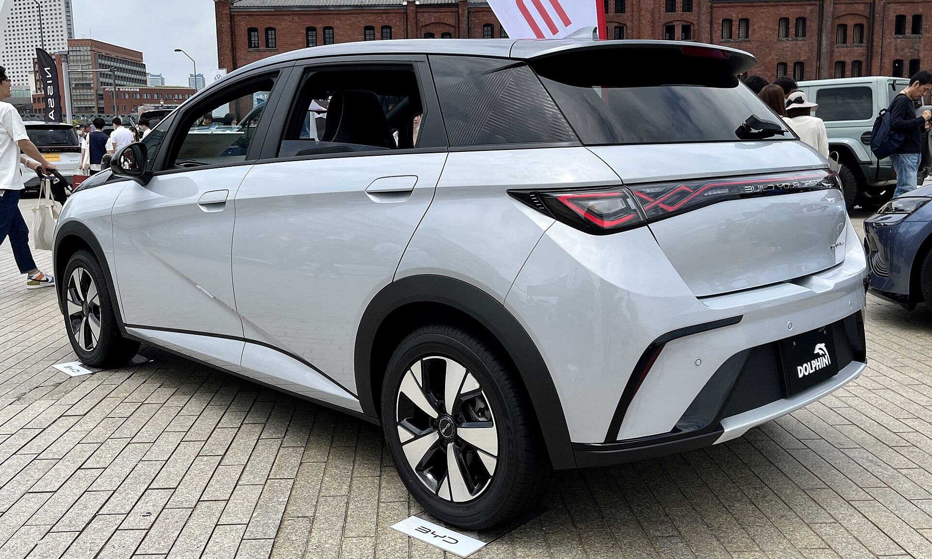 BYD Dolphin hatchback from the rear with full-width light bar