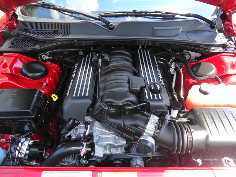 Engine bay of a Dodge Challenger SRT8 392 with the Hemi V8