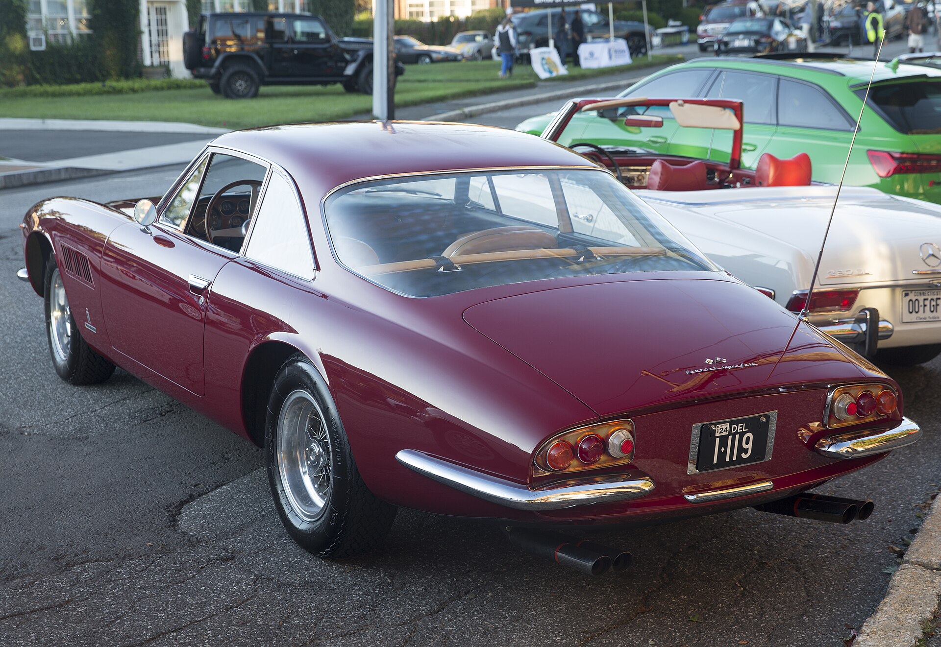 Dark red Ferrari 500 Superfast, rear three-quarter view