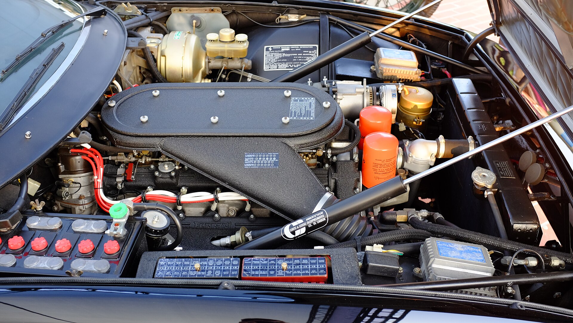 Engine compartment of a 1973 Ferrari 365 GTB/4 Daytona