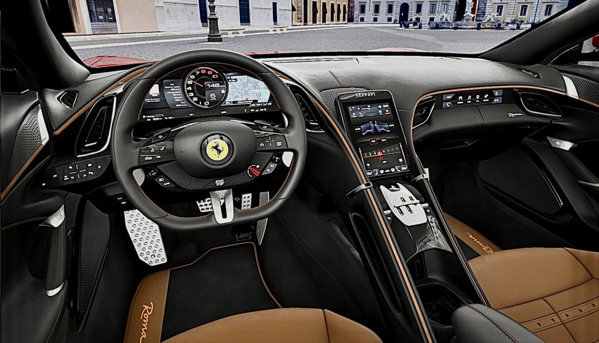 Ferrari Roma interior with digital instrument display and central touchscreen
