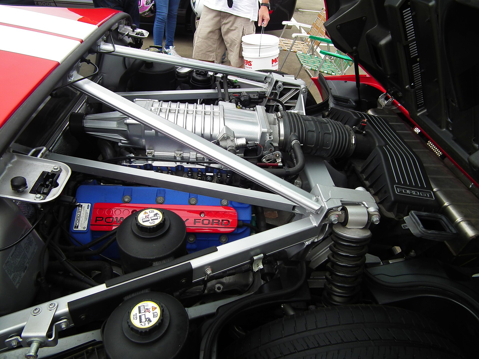 Engine bay of the 2005 Ford GT with the supercharged V8