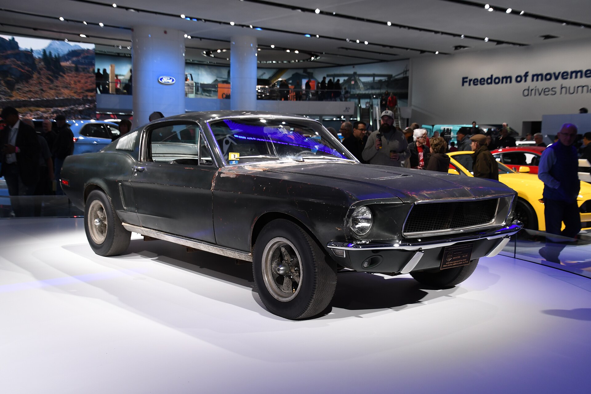 1968 Ford Mustang fastback from the film Bullitt on a show stand