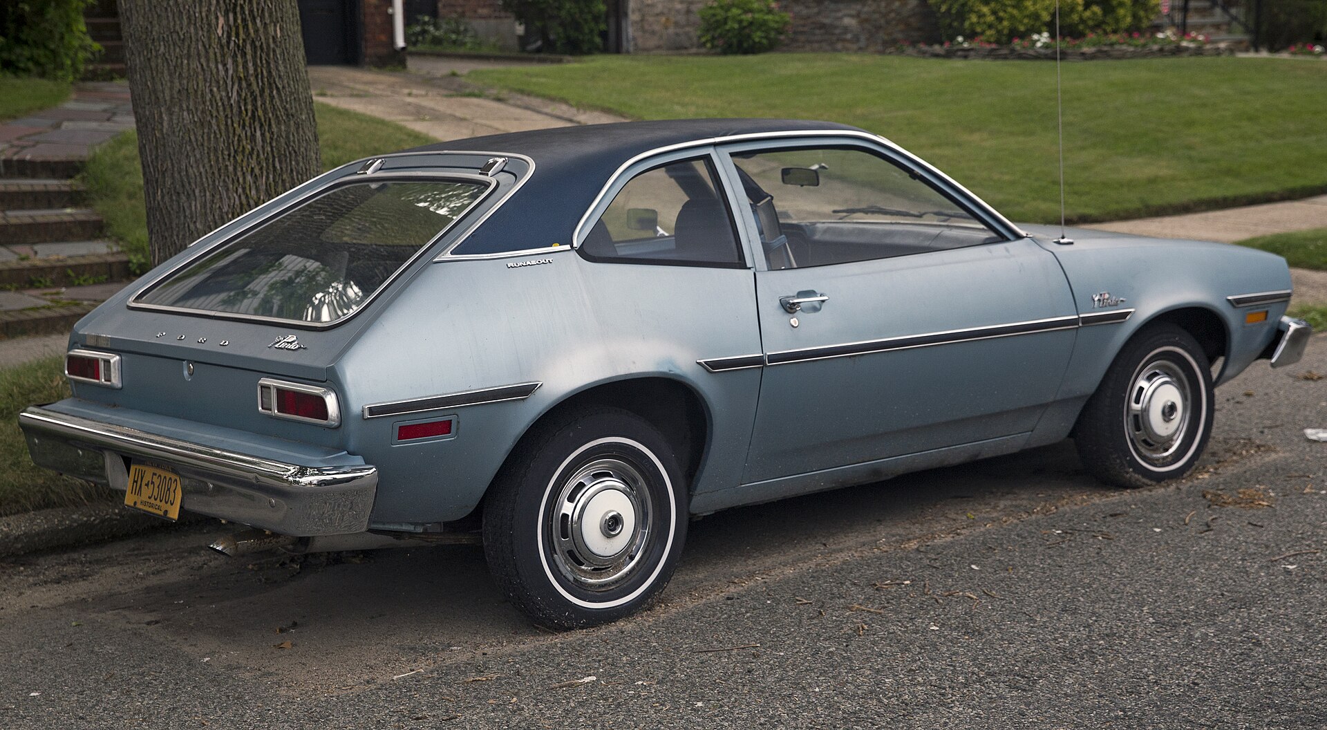 Blue 1975 Ford Pinto Runabout seen from the rear right