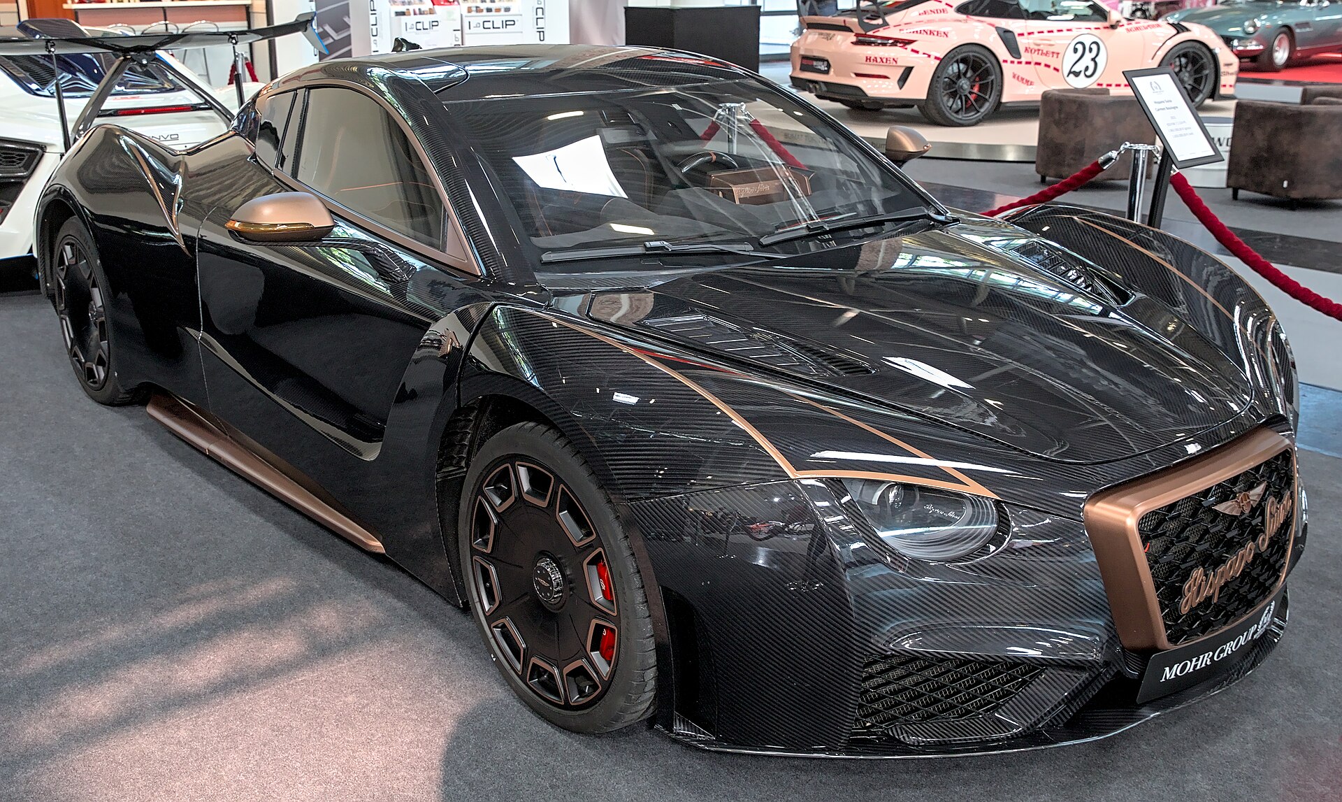 Hispano Suiza Carmen Boulogne on a motor show stand