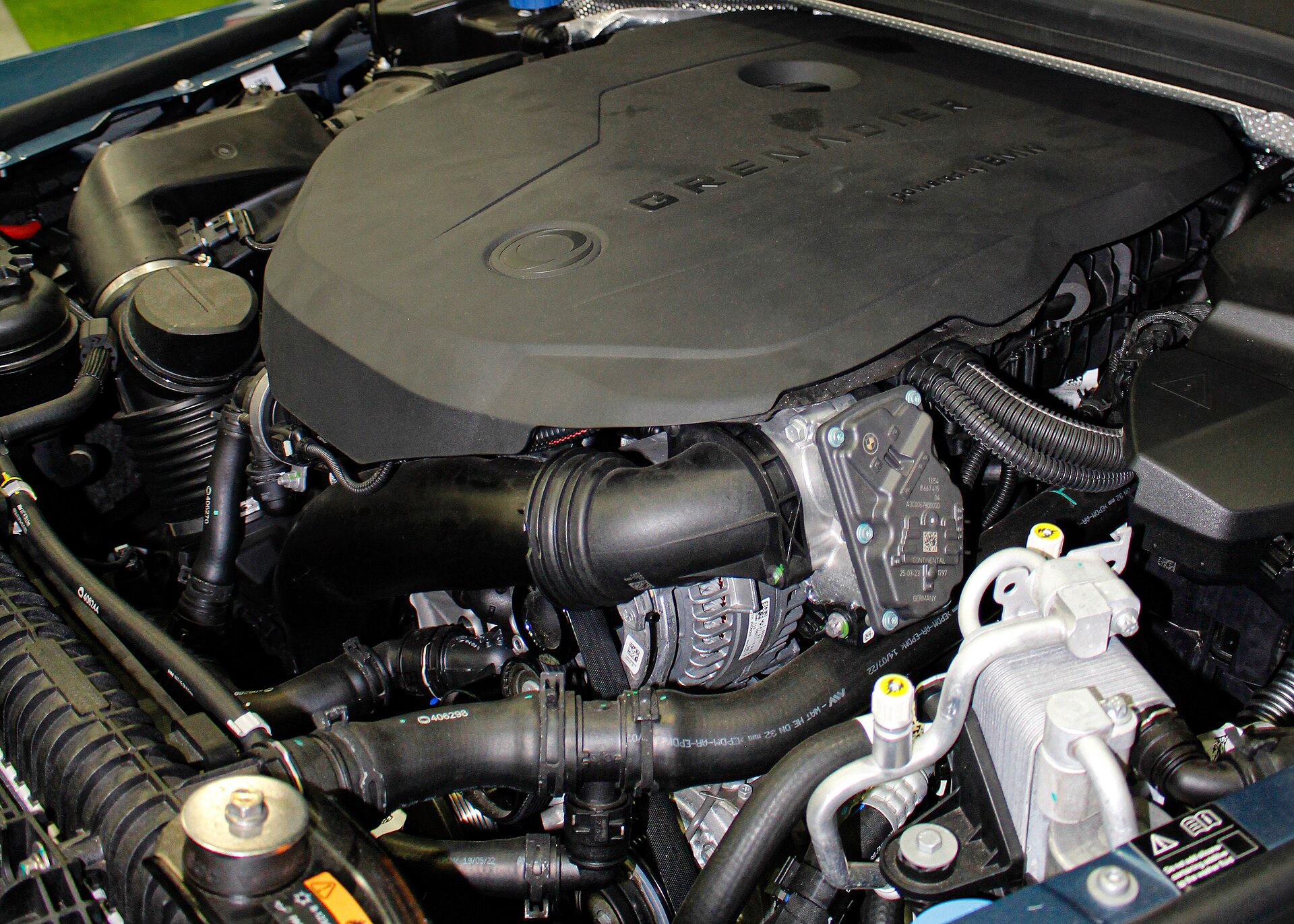 Engine bay of an Ineos Grenadier with the BMW six-cylinder engine