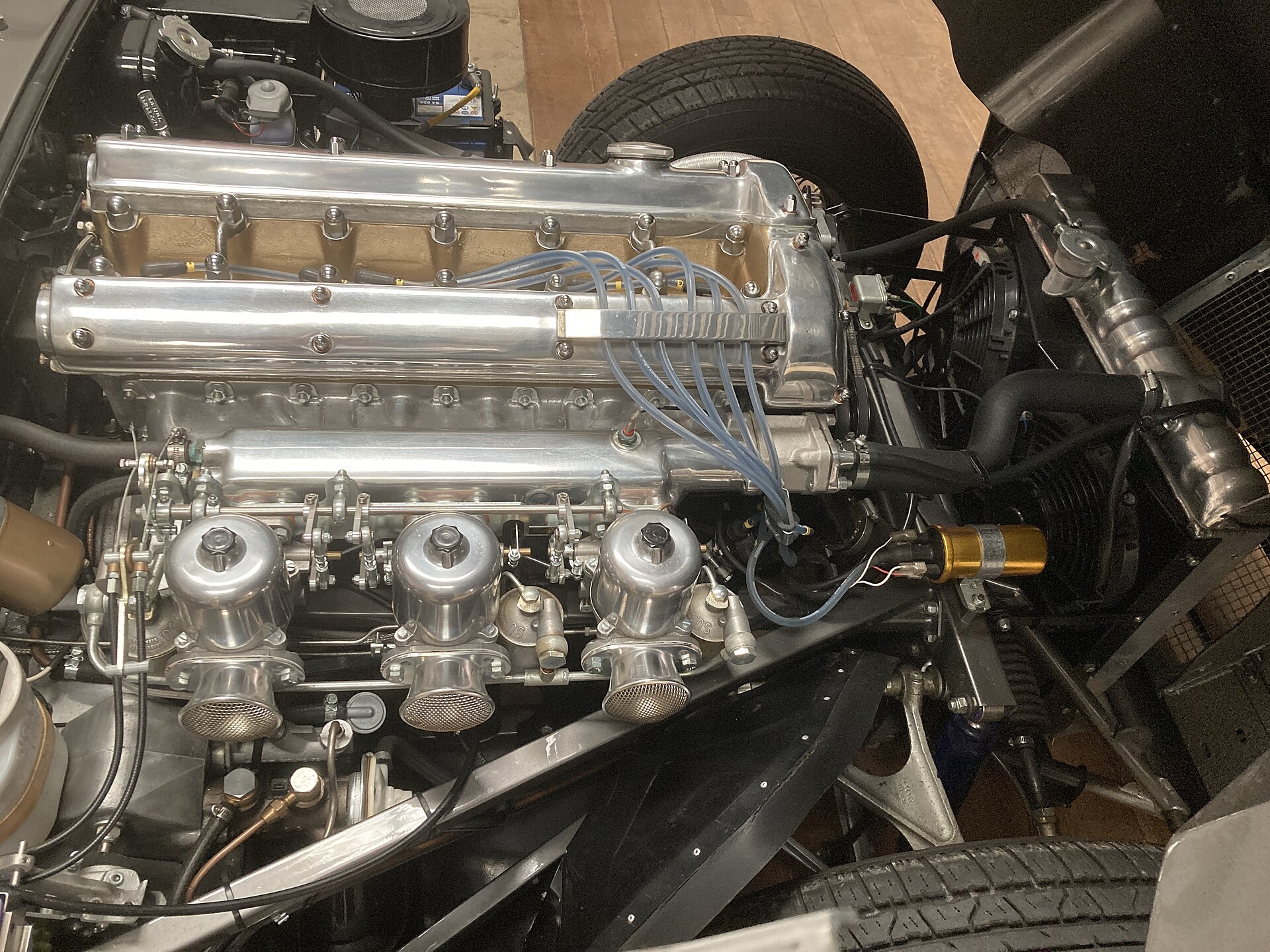 Engine bay of a Jaguar E-Type with the 4.2-litre XK engine