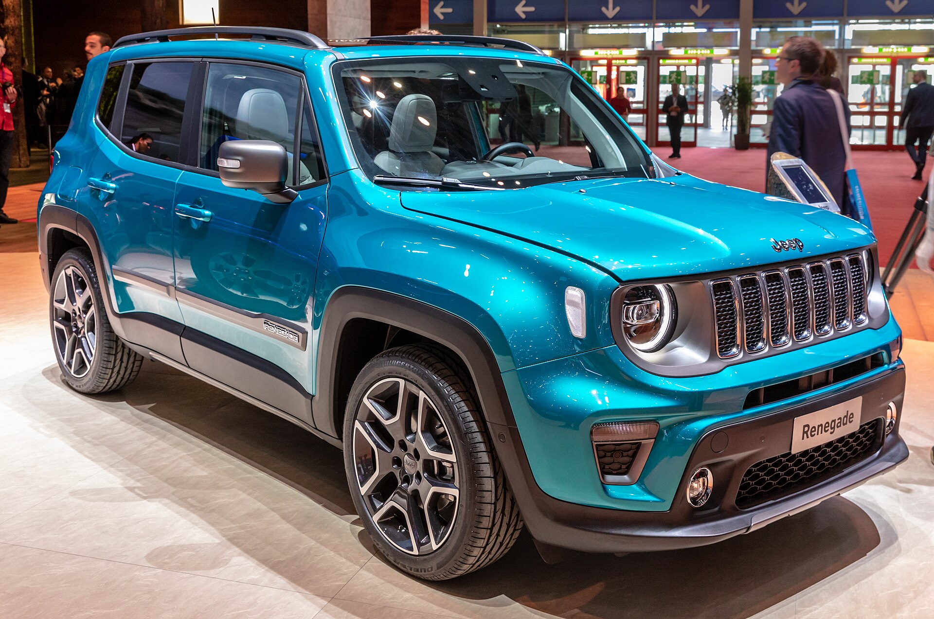 Facelifted Jeep Renegade on a show stand