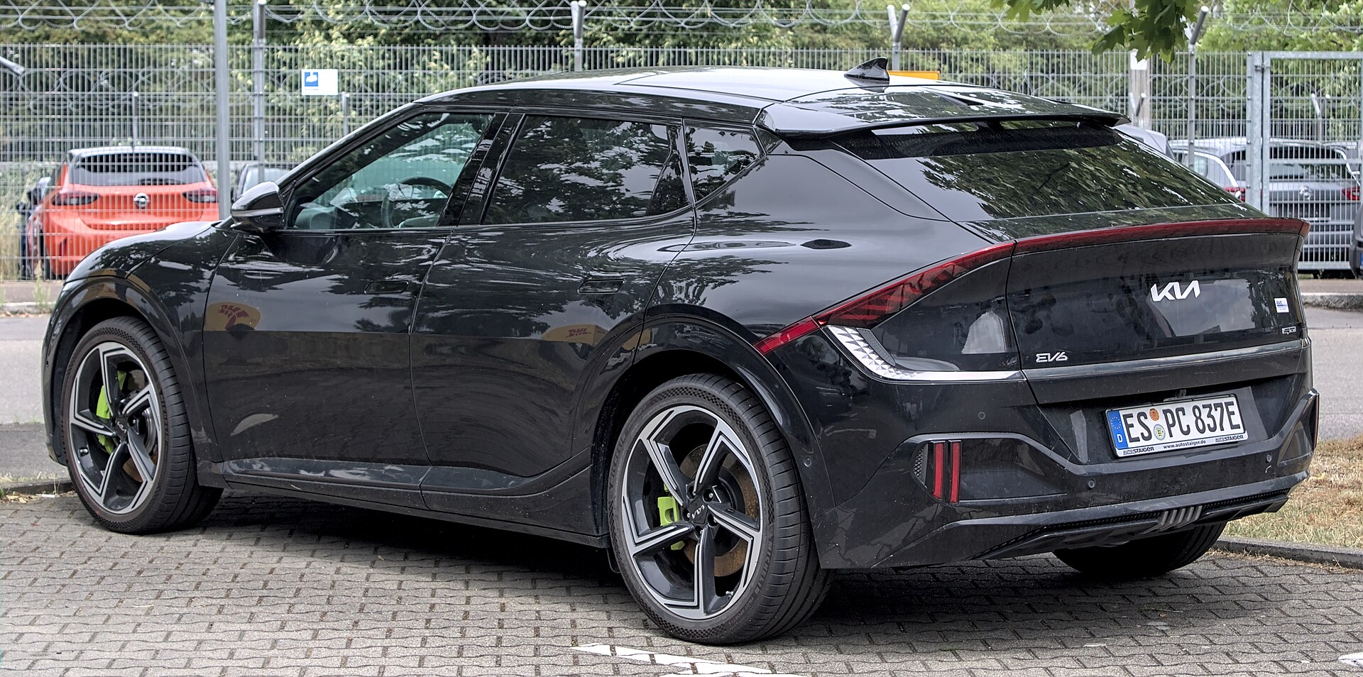 Kia EV6 GT with green brake calipers, exterior view