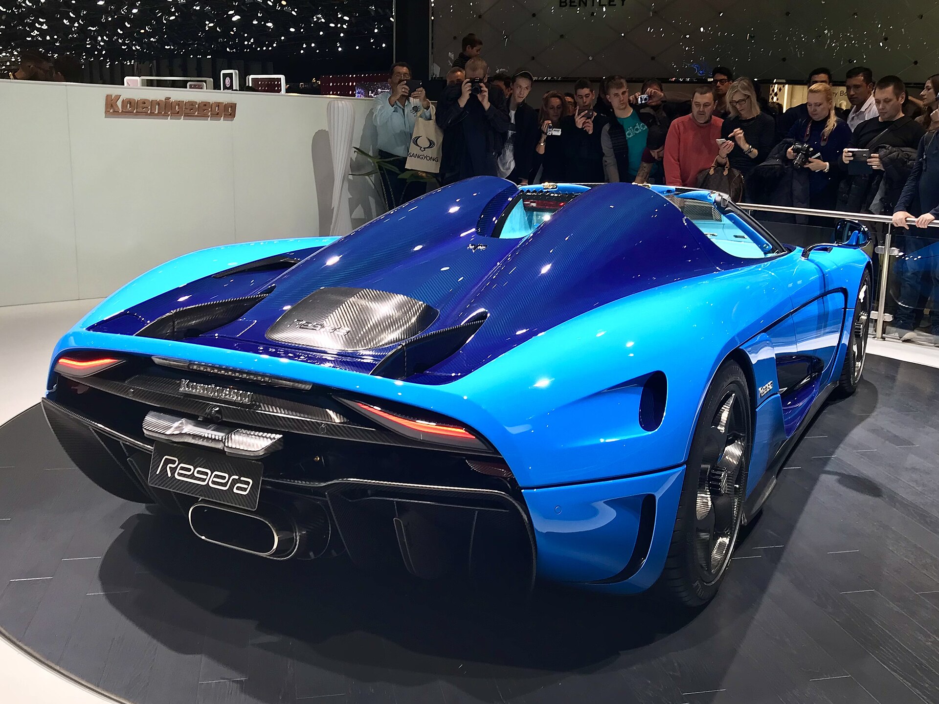 Blue Koenigsegg Regera d'Elegance at a motor show
