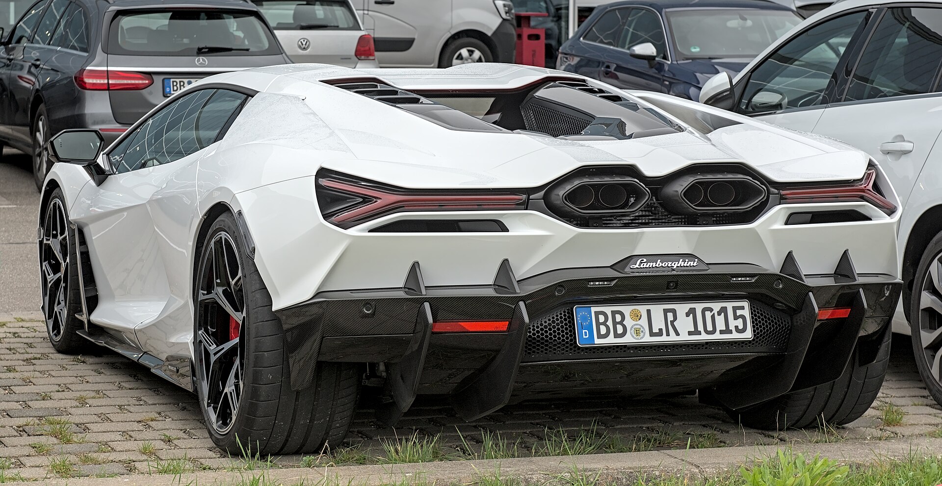 Lamborghini Revuelto rear view showing the engine bay