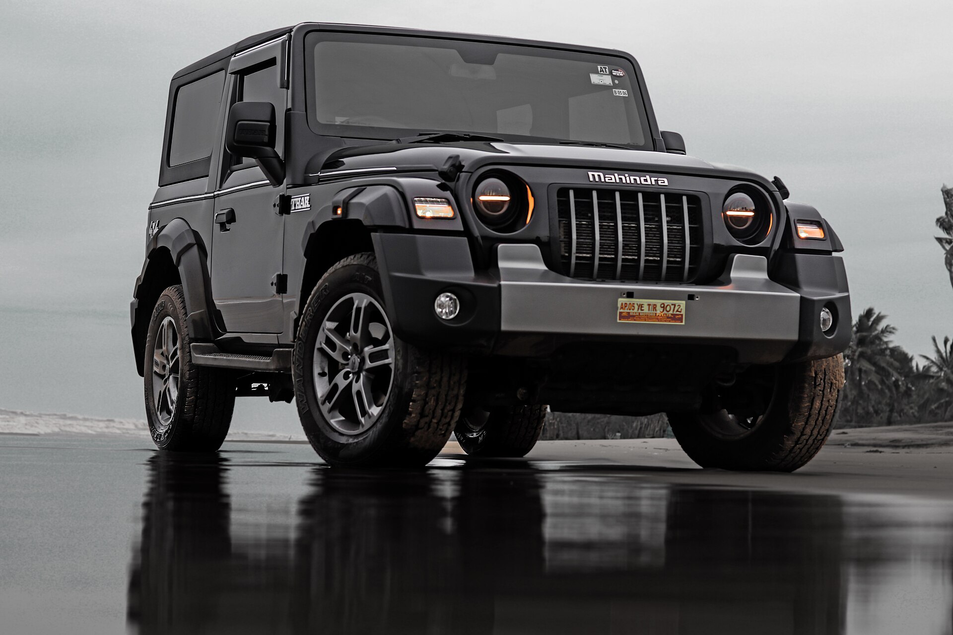 Mahindra Thar off-road vehicle on a sandy beach