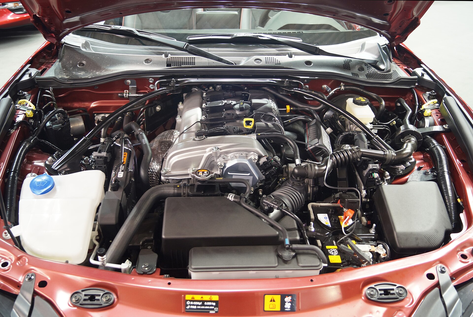 Engine bay of a Mazda MX-5 ND with the 2.0 Skyactiv-G