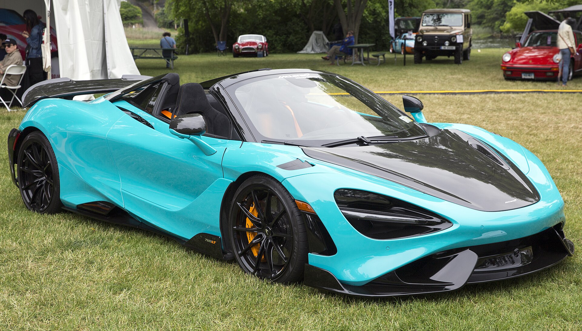 Blue McLaren 765LT Spider, front right view