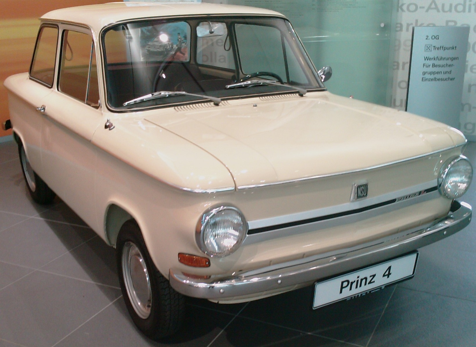 NSU Prinz 4 small saloon on display, side view