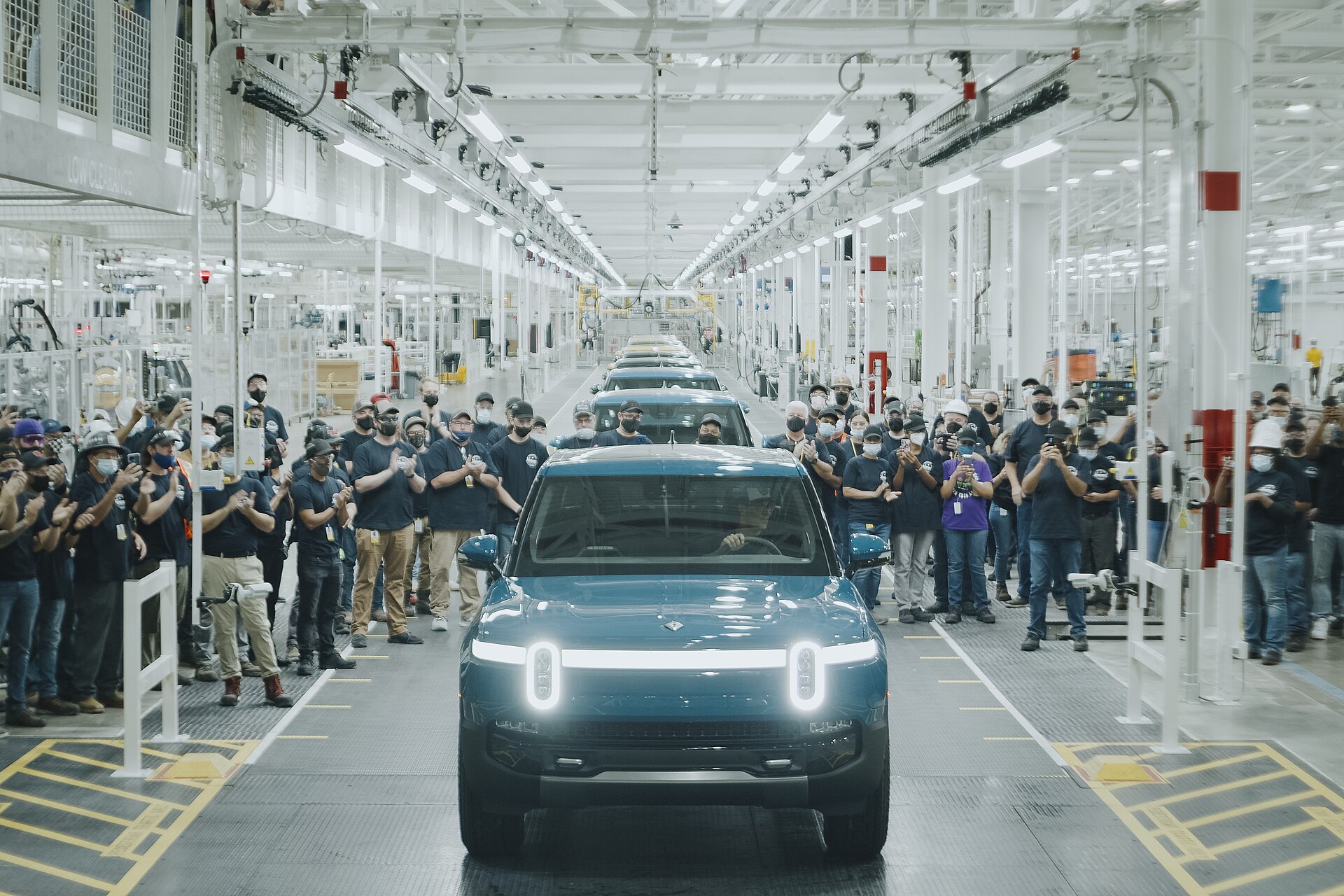 Assembly line inside the Rivian factory in Normal, Illinois