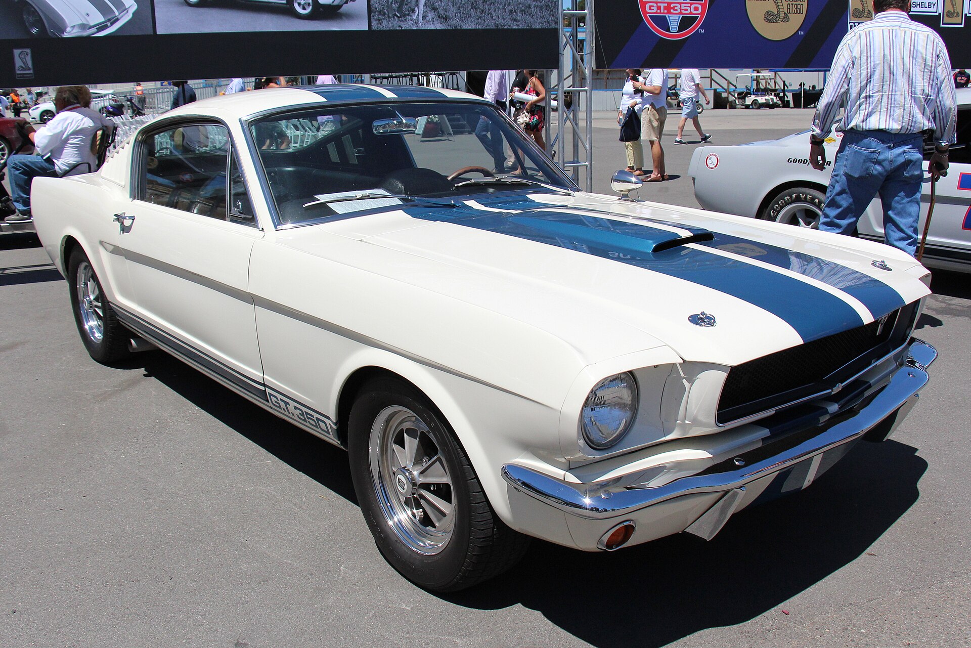 White 1965 Shelby Mustang GT350 fastback with blue stripes
