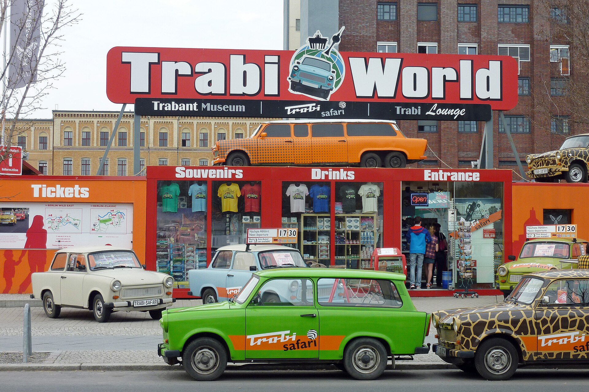 Row of colourful Trabants in Berlin