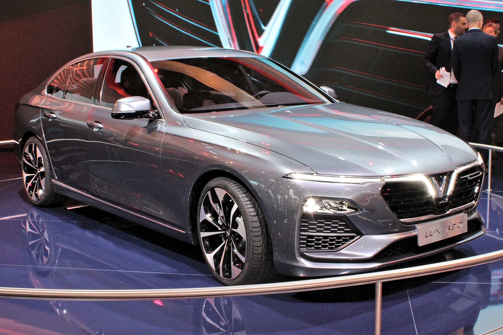 VinFast Lux A2.0 saloon on the Paris show stand