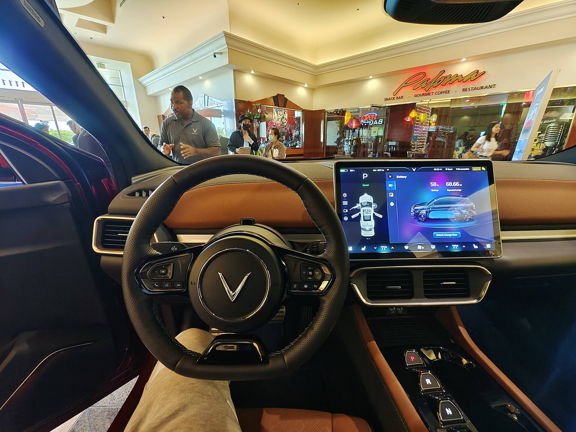 VinFast VF 8 interior with steering wheel and touchscreen