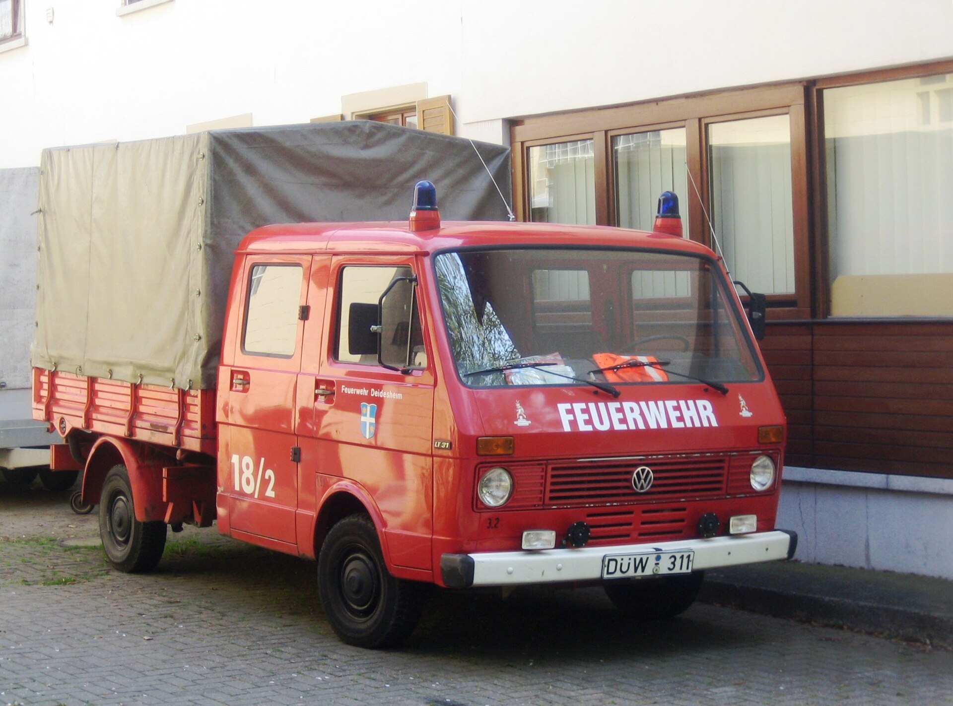 Early first-generation Volkswagen LT fire truck with double cab