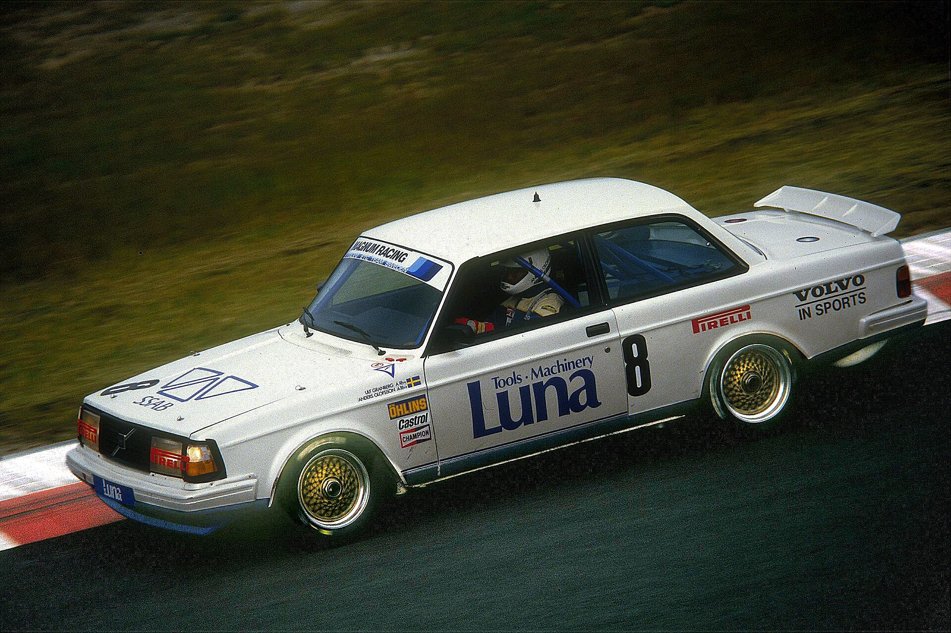 Volvo 240 Turbo racing car on track, 1985